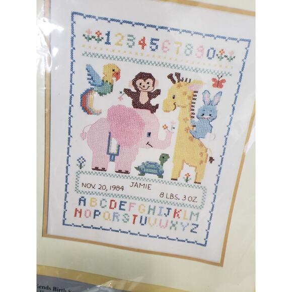 Vintage Birth Sampler Nursery Zoo Safari Animal Elephant Giraffe Cross Stitch - Picture 2 of 9